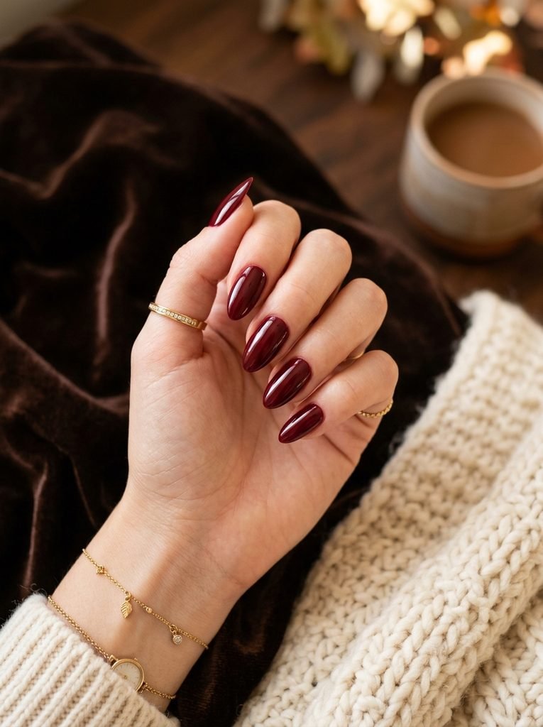 Alt Text: Burgundy Almond Nails