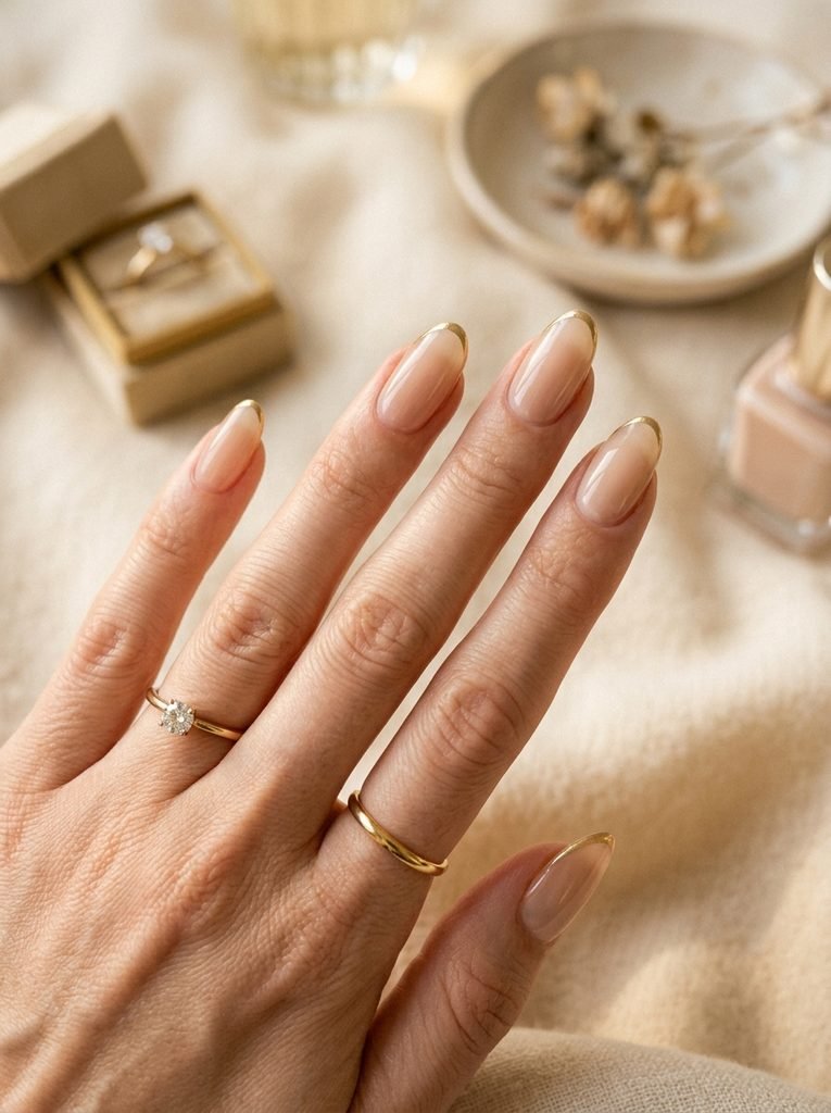 Nude almond nails with gold tips for fall