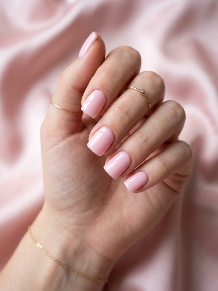 Soft pink square nail designs with glossy finish