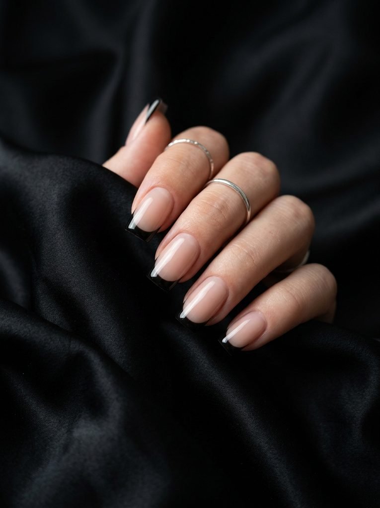 Black French tip square nail designs with nude base