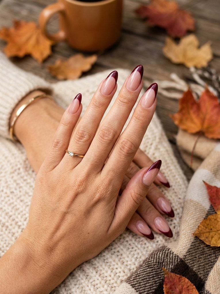 Burgundy French tip fall nails