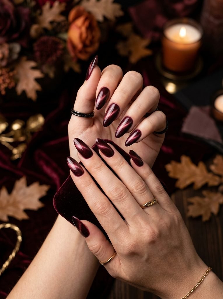 Burgundy cat-eye fall nails