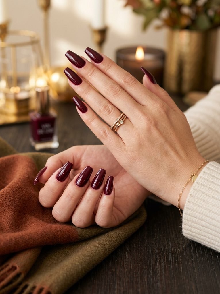 Alt Text: Burgundy Coffin Nails