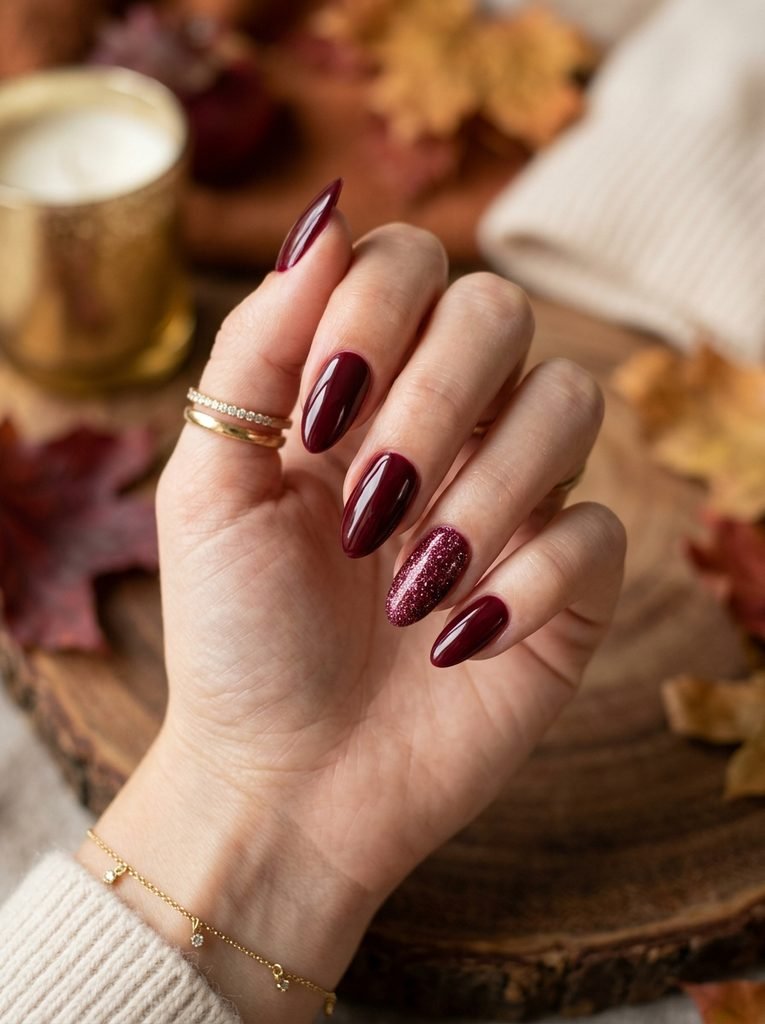 Burgundy glitter fall nails