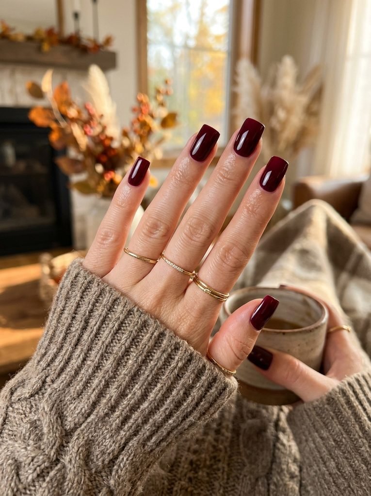 Burgundy square nail designs for autumn