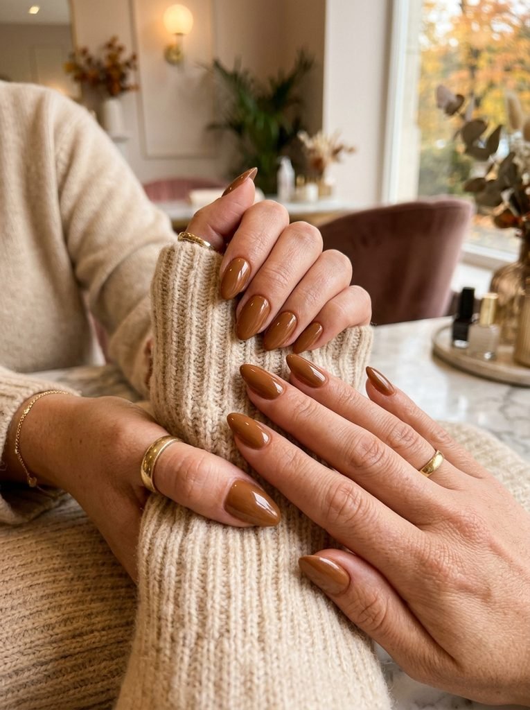 Elegant caramel brown warm autumn nail colors.