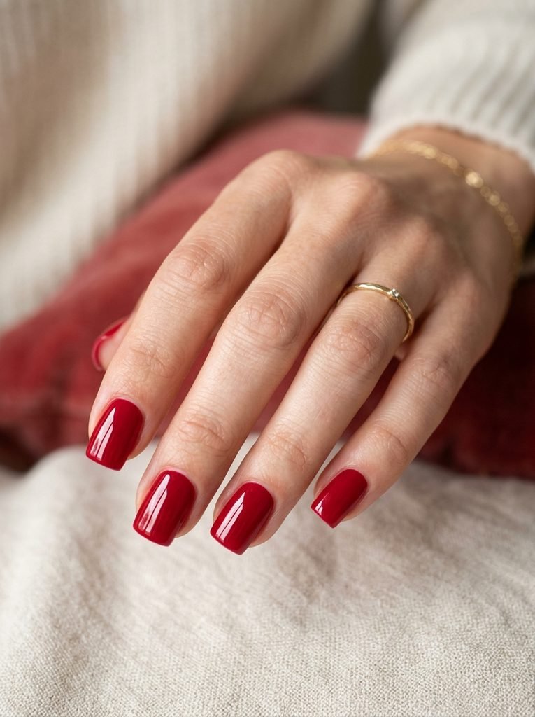 Glossy cherry red square nail designs