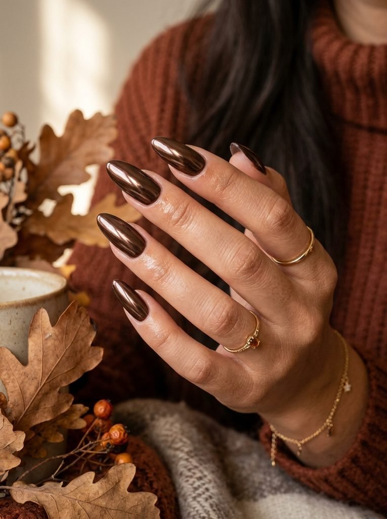 Chocolate brown chrome fall nails