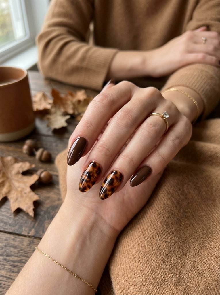 Chocolate brown tortoiseshell fall nails