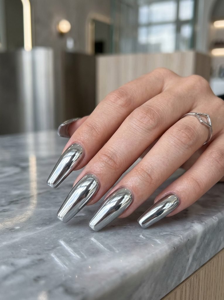 Alt Text: Chrome Coffin Nails