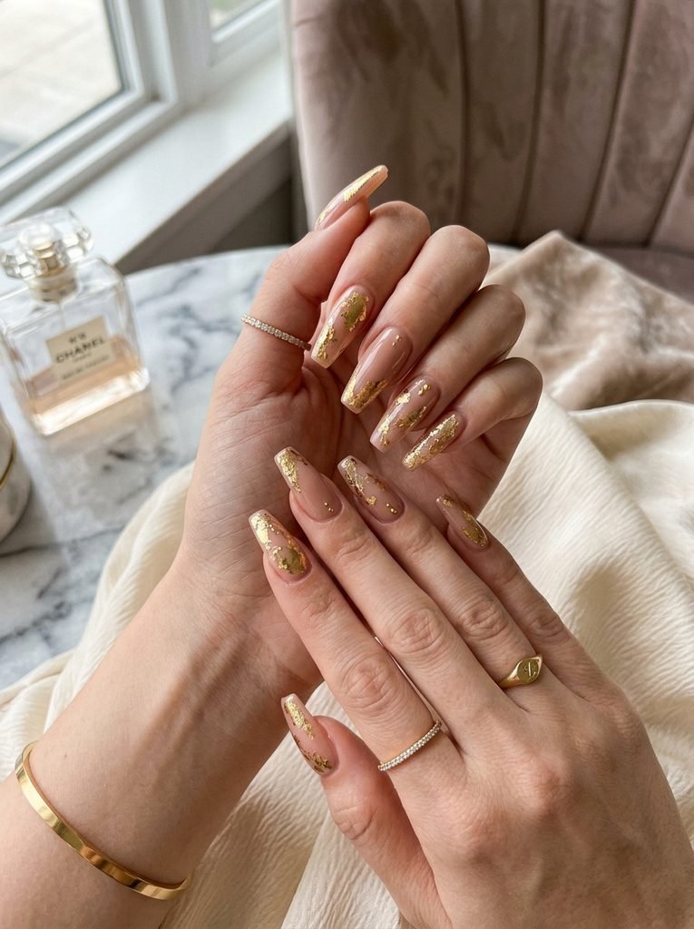 Alt Text: Gold Accent Coffin Nails