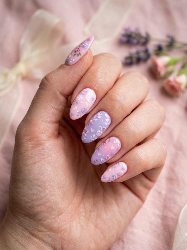 Alt Text: Floral Almond Nails