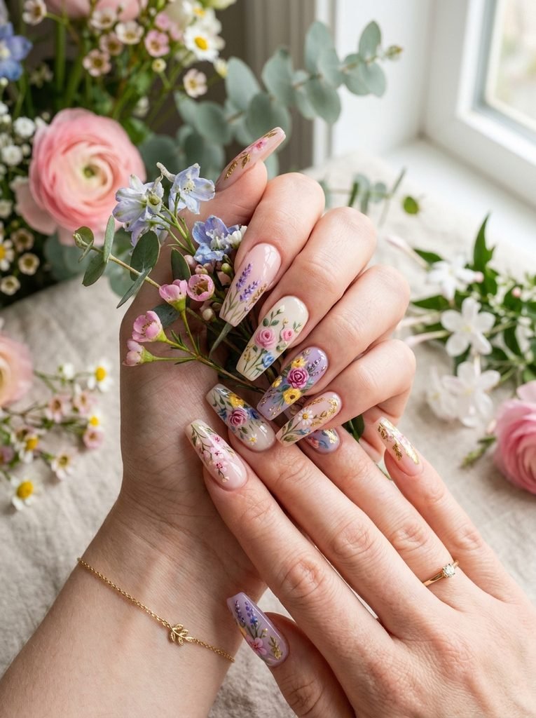 Alt Text: Floral Coffin Nails
