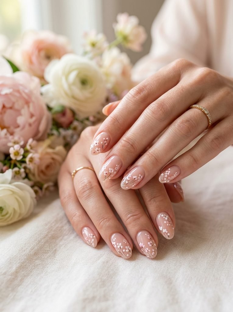 Champagne glitter oval nails with a sparkling finish