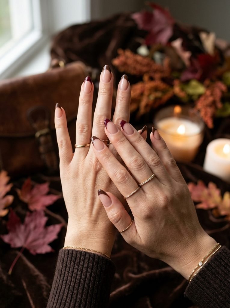 Chocolate brown and burgundy French fall nails
