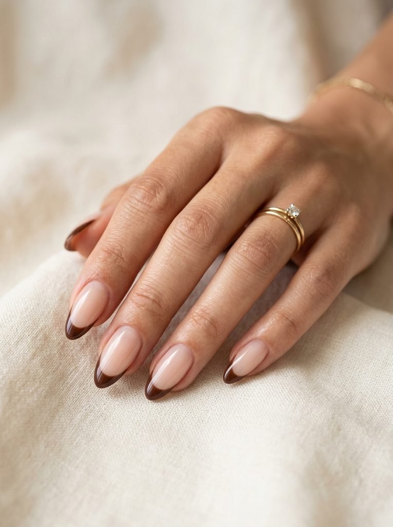 Image ALT: Chocolate brown swirl fall nails