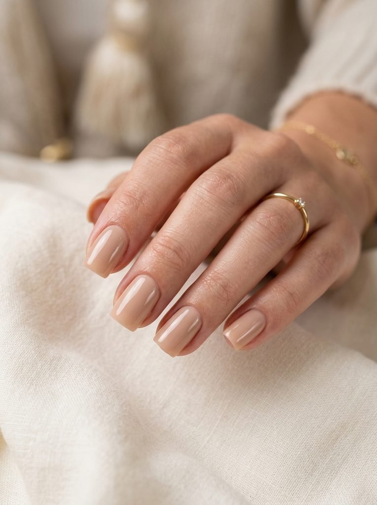 Glossy nude square nails for a clean girl manicure