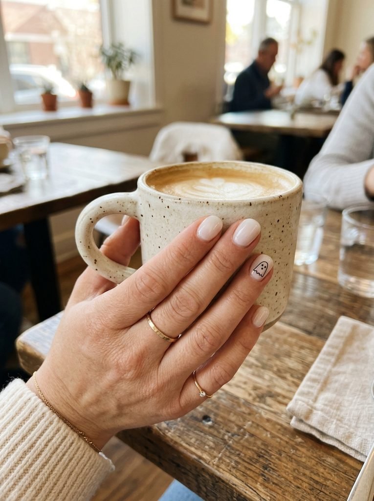 alt="Short milky white glossy nails with a minimalist tiny ghost accent - chic and cute Halloween manicure"