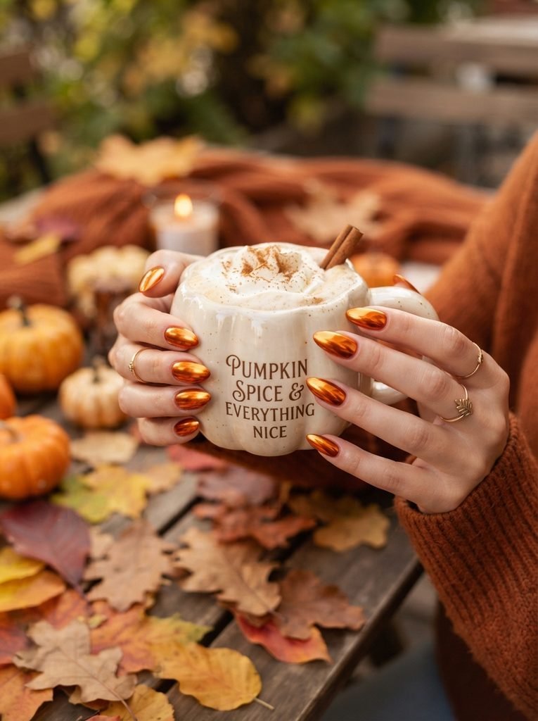 Pumpkin Spice Chrome Fall Nail Designs