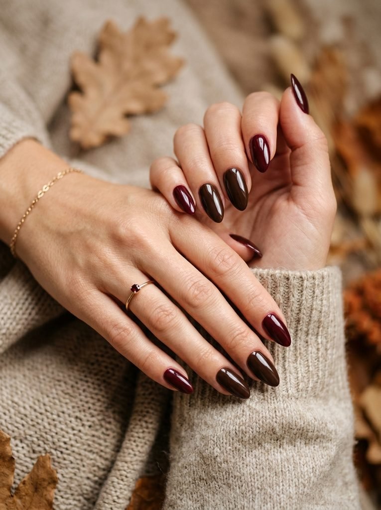 Chocolate brown and burgundy fall nails