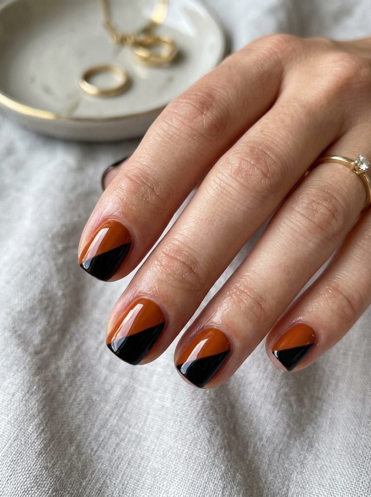 alt="Short nails with burnt orange and black diagonal color block art - easy Halloween nails for short nails"