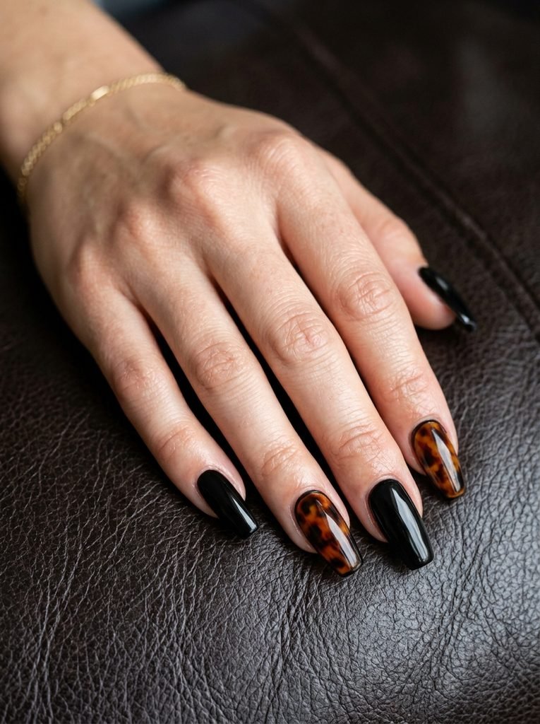 alt="Dark tortoiseshell nail art paired with solid black coffin nails - classy fall and Halloween nail ideas"