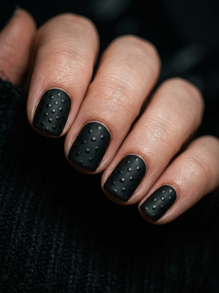 alt="Short square matte black nails with glossy black polka dots - simple short nails spooky season"