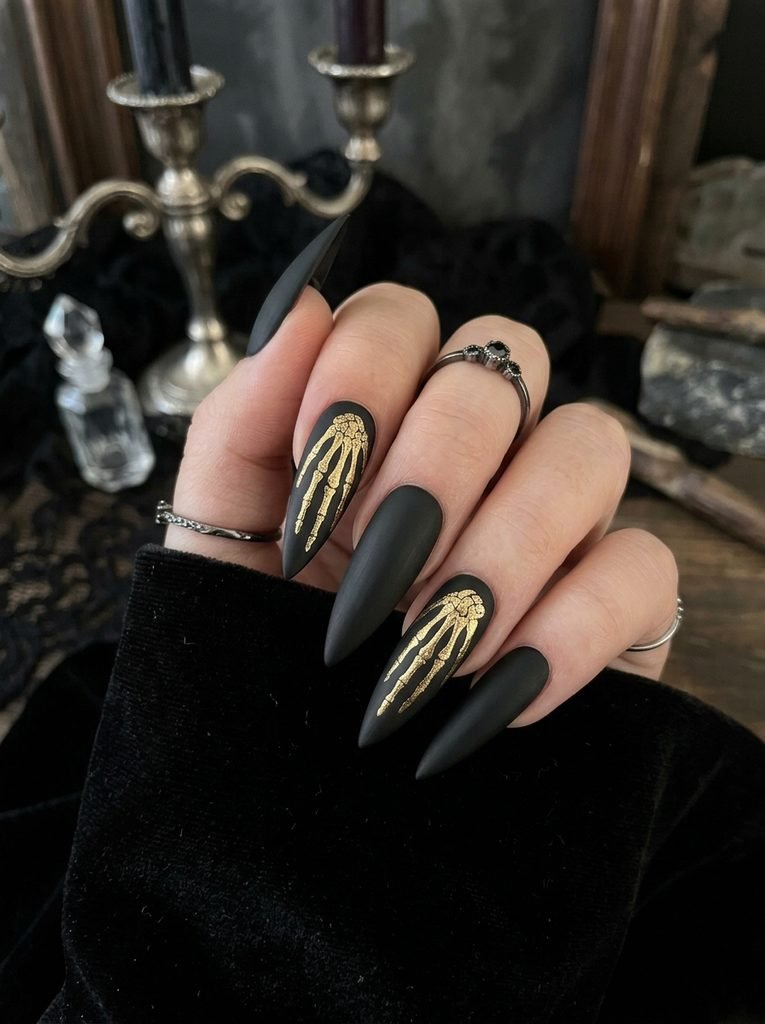 alt="Matte black stiletto nails featuring gold foil skeleton hand accents - luxury classy Halloween nails"