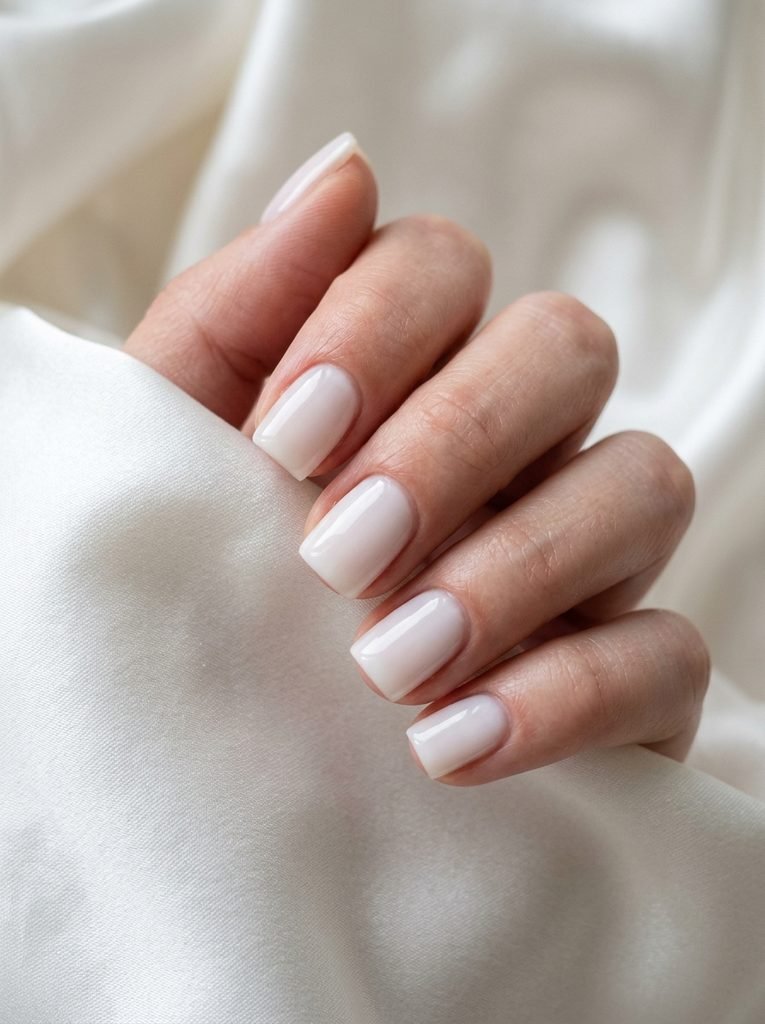 Short milky white square nails with glossy finish