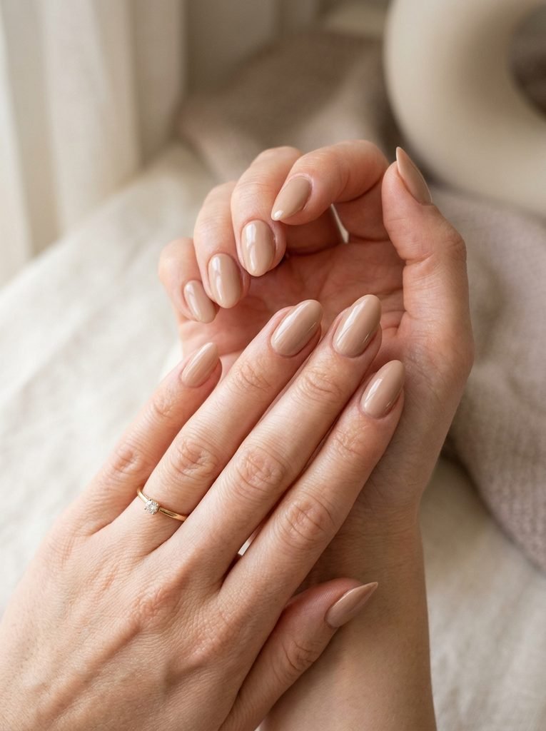 Short oval nails with simple glossy pink polish.