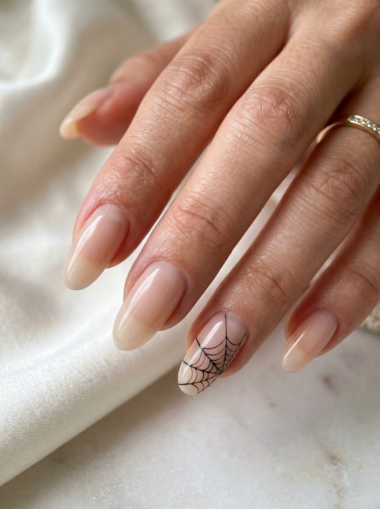 alt="Sheer nude nails with micro black spiderweb art - subtle black Halloween nail ideas"