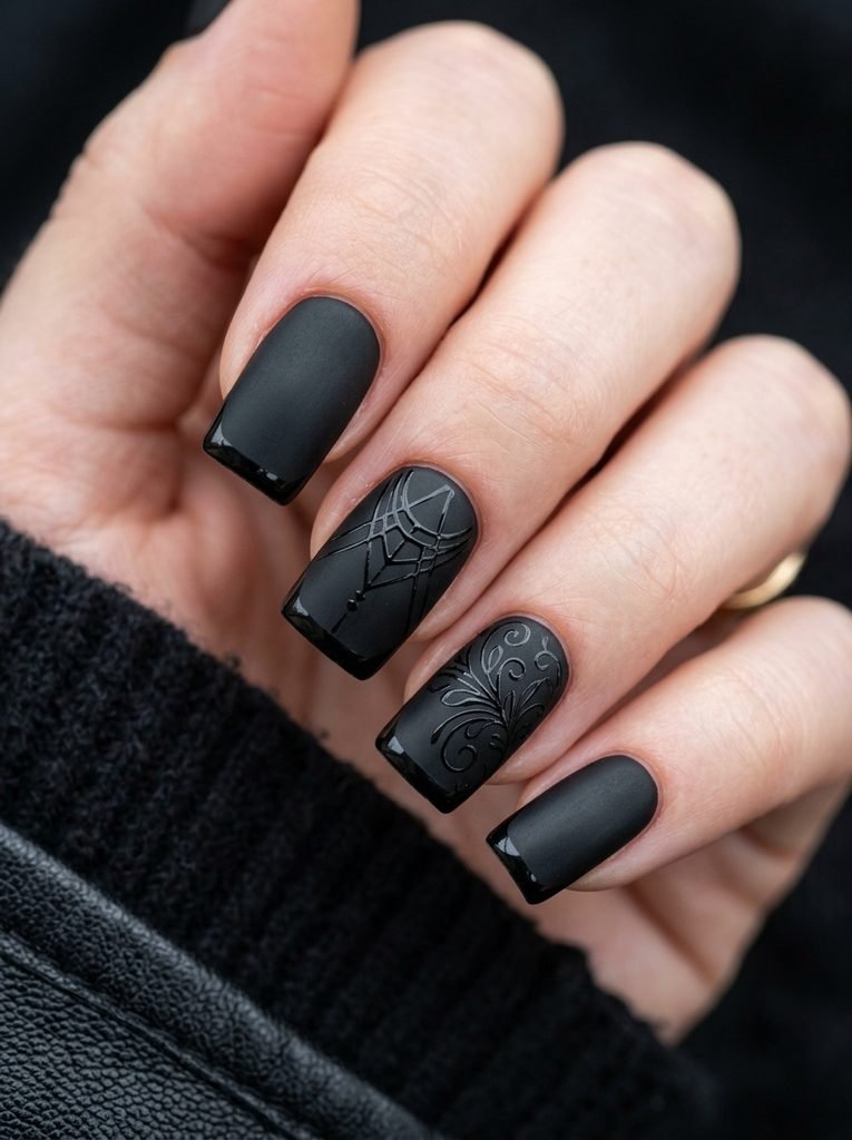 alt="Matte black square nails with glossy black French tip outlines - elegant black nail designs"