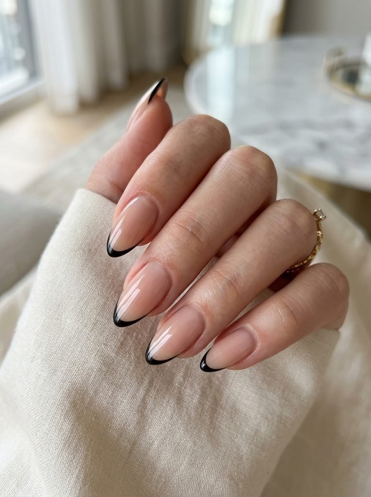 alt="Short natural almond nails with micro black French tips - chic black Halloween nails"