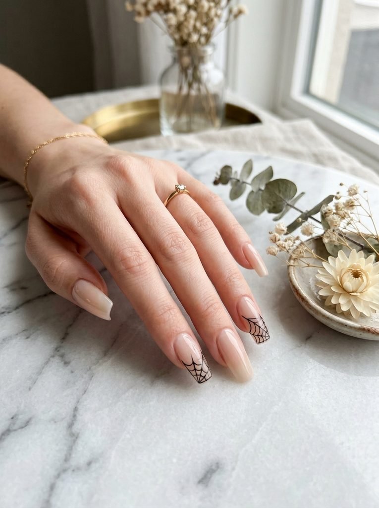 alt="Sheer nude nails with delicate black fine-line spiderweb art on corners - subtle Halloween nail design"