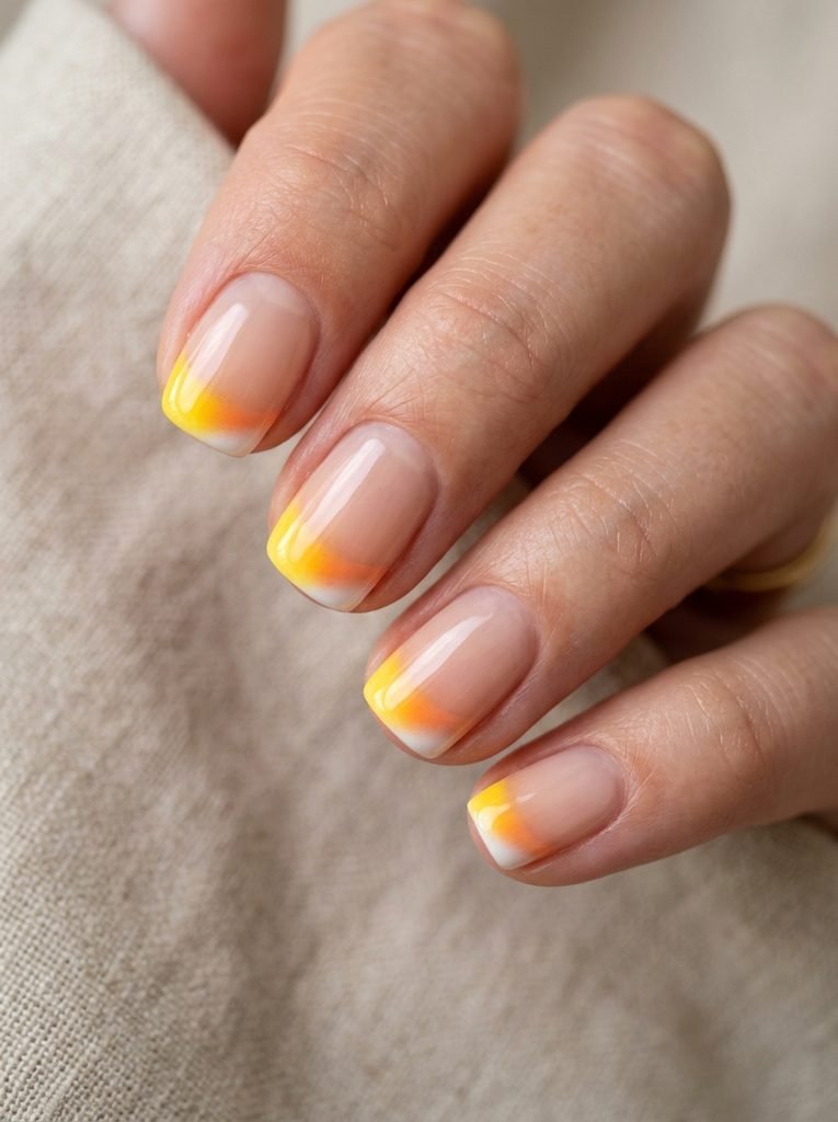 alt="Short natural nails with subtle candy corn colored gradient tips - simple short nail Halloween design"