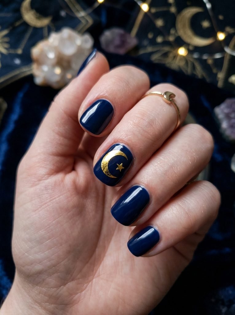 alt="Short navy blue nails with metallic gold moon and star accents - witchy simple Halloween nails"