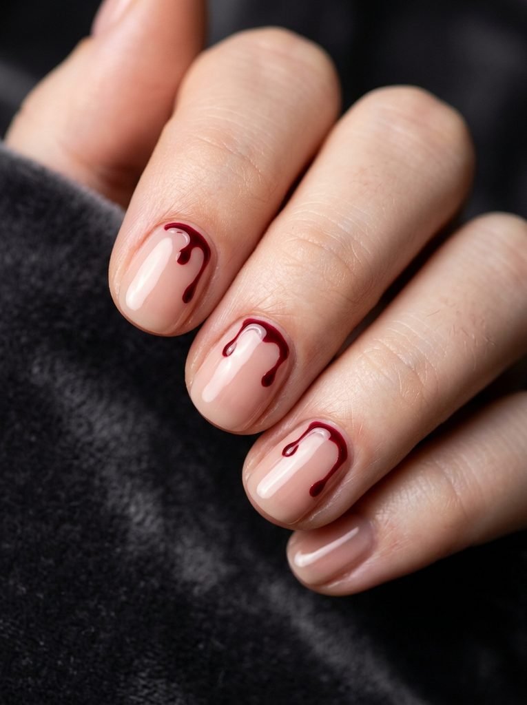 alt="Short glossy nude nails with oxblood red blood drip art at cuticle - simple Halloween nails for short nails"