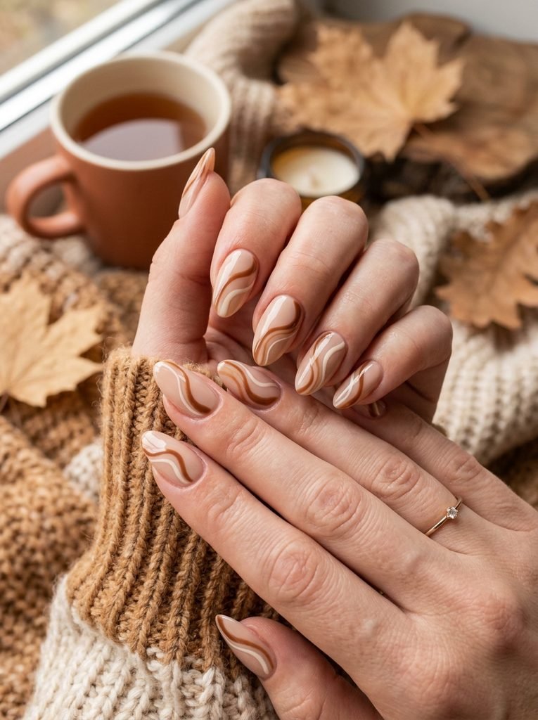 Caramel swirl almond fall nails