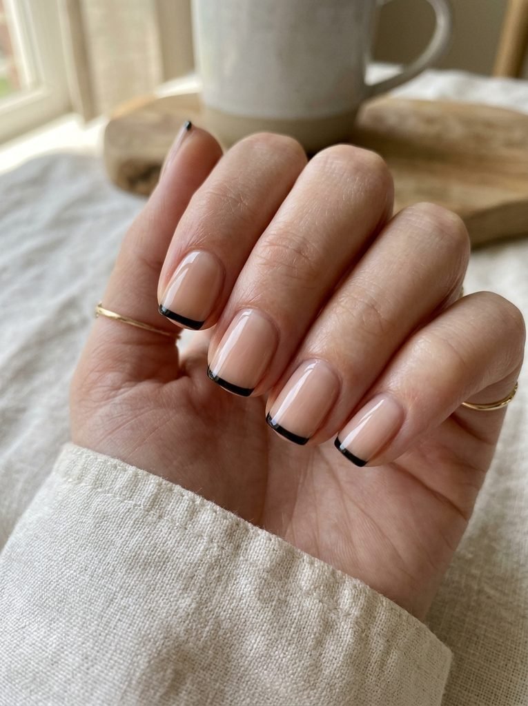 alt="simple Halloween nail designs for short nails Short natural nails with micro black French tips - simple Halloween nail designs for short nails"