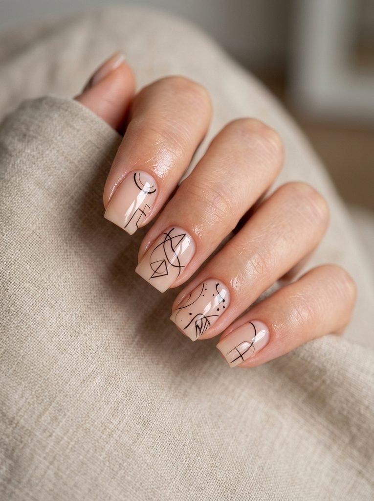 Minimalist nude square nail designs with black line art
