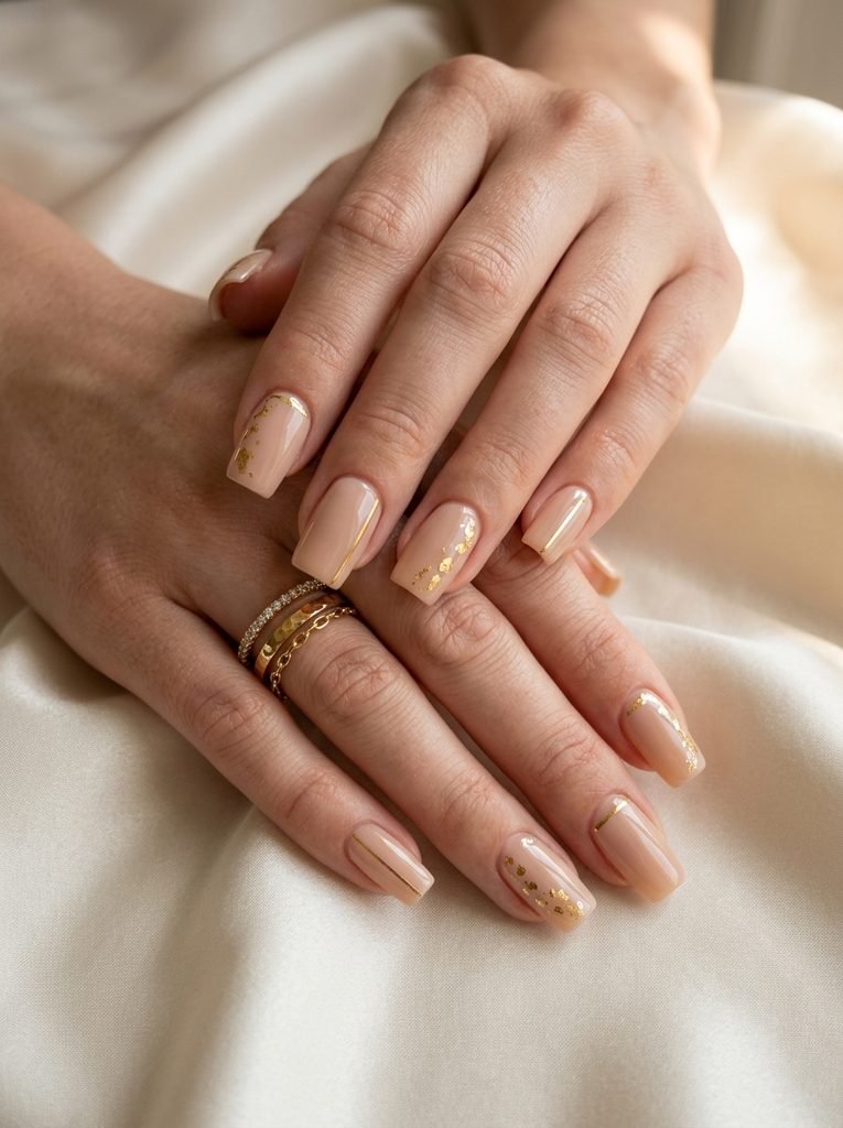 Classic nude oval nails with a glossy beige finish.
