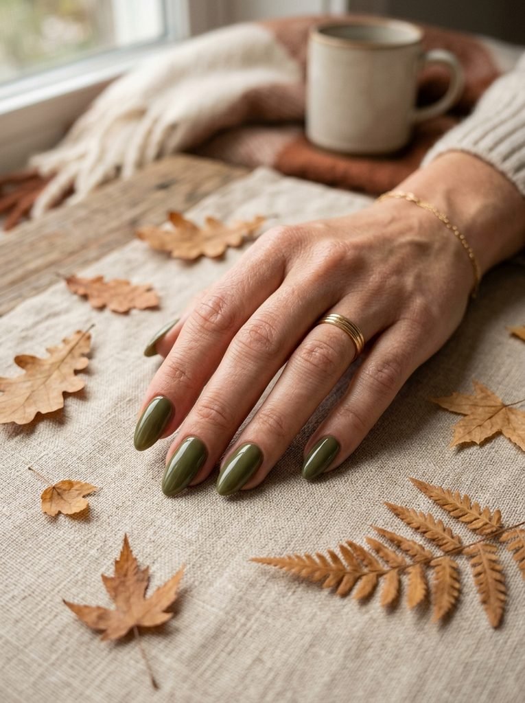 Olive green almond fall nail designs