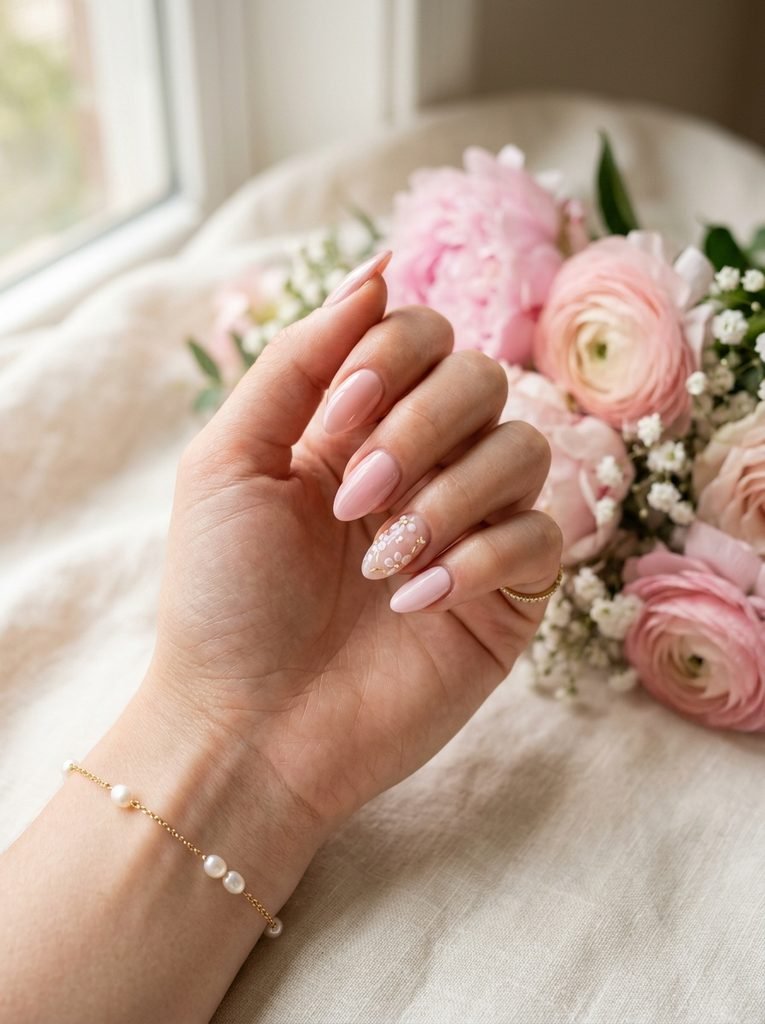 Alt Text: Soft Pink Almond Nails