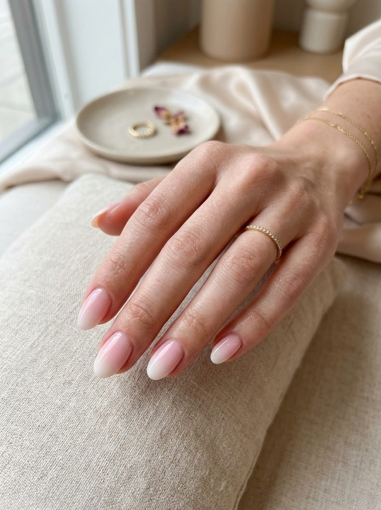 Pink and white ombre oval nails with a glossy finish.
