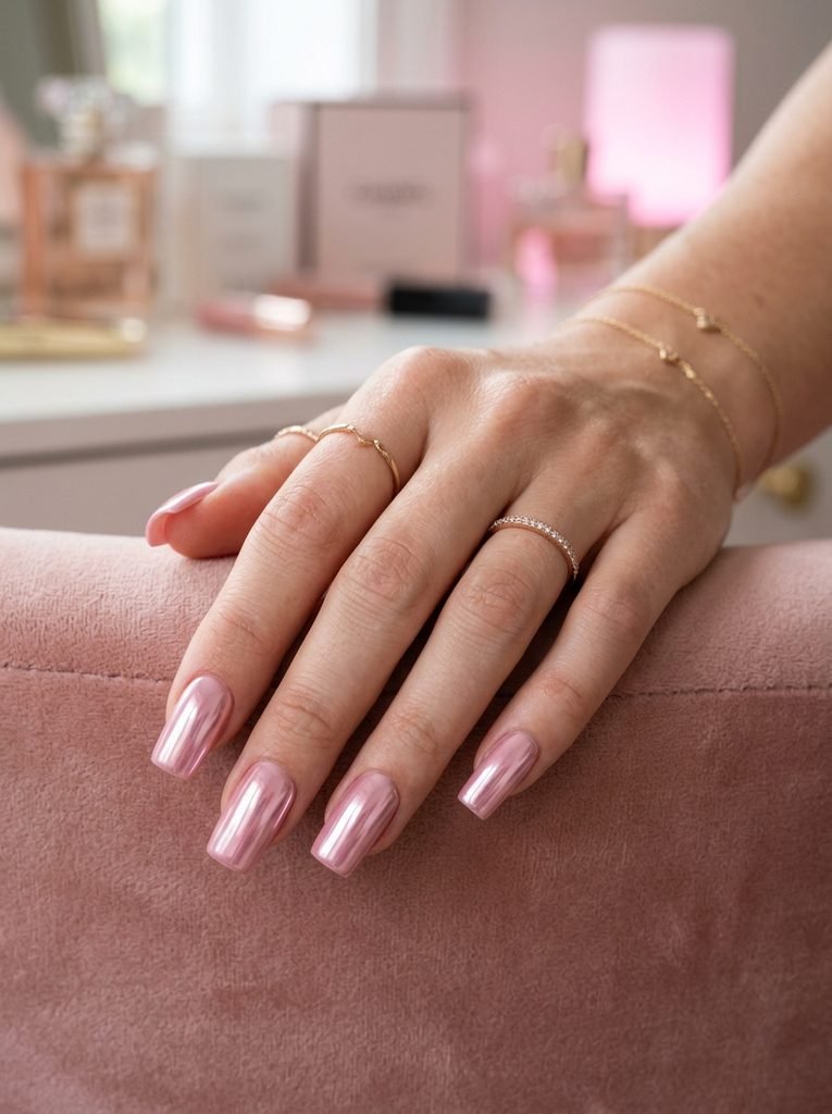 Pink chrome square nail designs with metallic finish