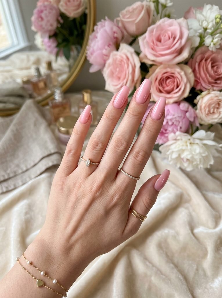 Alt Text: Soft Pink Coffin Nails