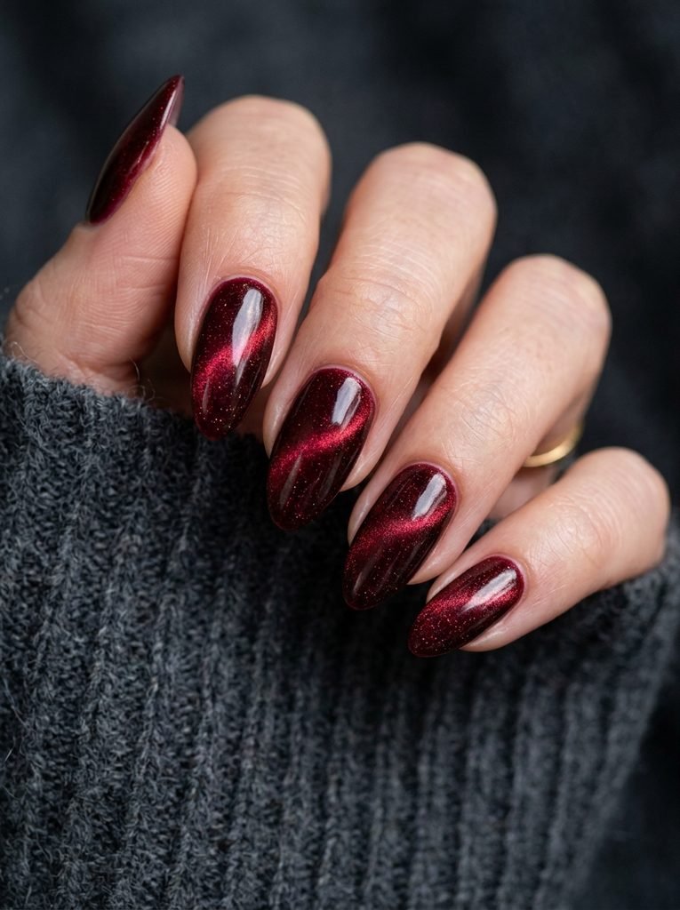 alt="Deep blood red velvet cat eye manicured almond nails - elegant vampire Halloween nail art design"