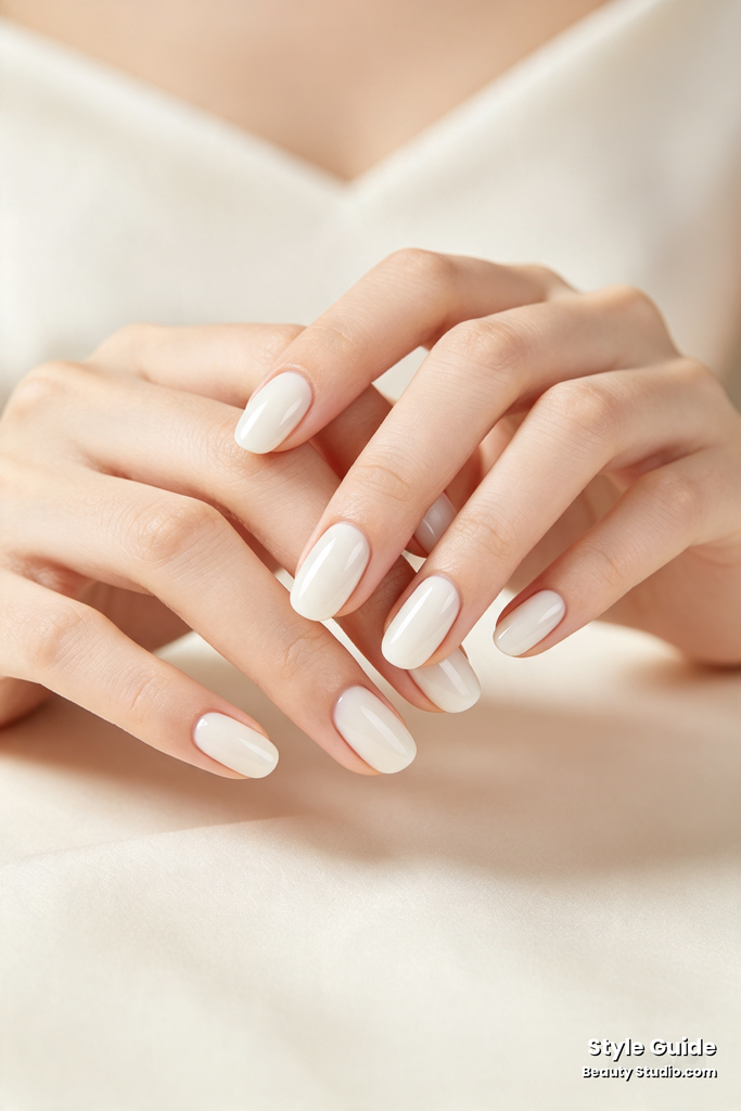 Glossy nude beige short square nails with an elegant minimalist manicure.