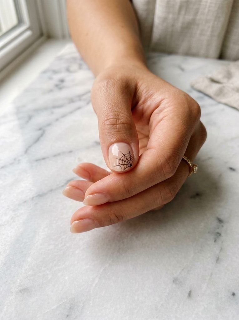 alt="Short natural nails with delicate black spiderweb art on corner - minimalist Halloween nail art"