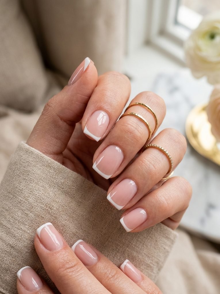 Classic white French tip square nail designs with glossy nude base